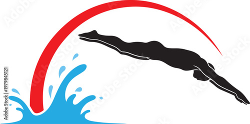 Silhouette swimmer diving into water with red arch during competition
