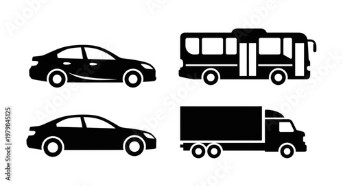 Set of four black vehicle silhouettes on a white background.