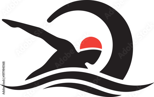 Swimmer in Freestyle Stroke with Stylized Wave and Red Cap