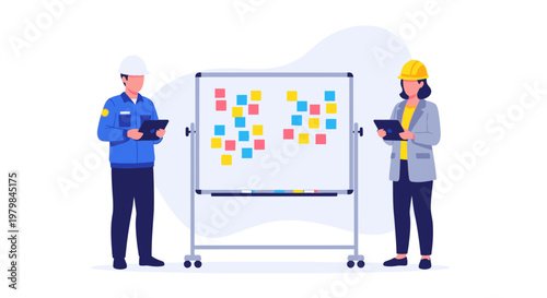Two workers with tablet and whiteboard with sticky notes