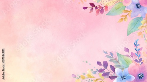 High Resolution Cute Pastel Watercolor Floral Background Right Side Flower Leaf Border Light Pink Gradient Blank Center Dreamy Design Asset