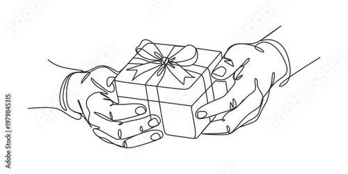 continuous single line drawing of hands holding gift box with ribbon line art vector illustration