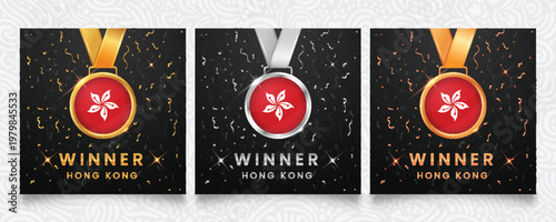 Three glossy winner medals (gold, silver, bronze) featuring the flag of Hong Kong. Vector awards with confetti and shiny effects for competition, excellence, and national pride celebration.