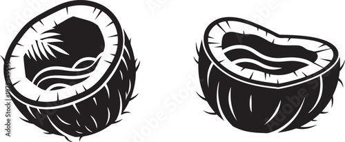 Two Halved Coconuts with Palm Fronds and Waves Silhouette Against White Background