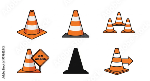 Set of Orange Traffic Cones for Road Safety and Construction.