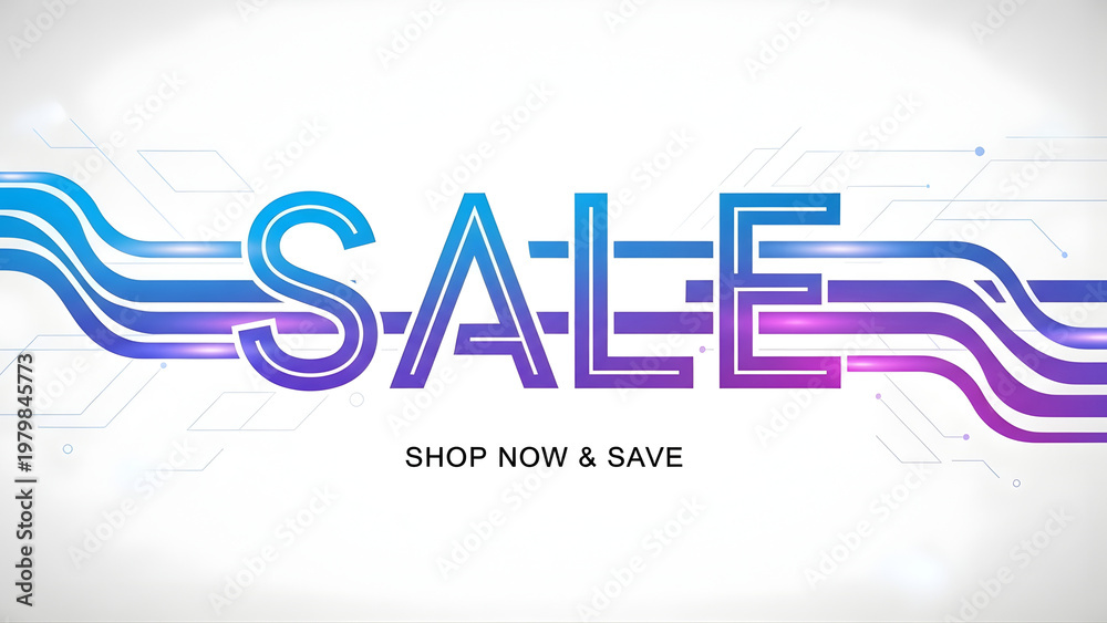 Obraz premium Modern Tech Style Sale Banner with Blue and Purple Gradient Lines for Digital Electronics and Software Shop Promotions