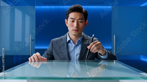 Asian Businessman in Suit Sitting at Glass Table Holding Pen in Modern Office
