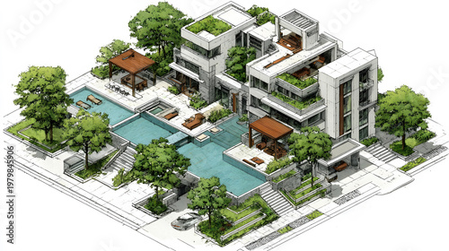 Designer house layout with pool courtyard, premium summer concept