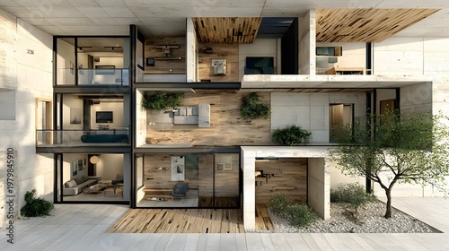 Luxury architectural visualization, top view plan with soft shadows