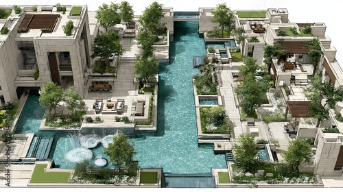 Luxury resort residence layout, multiple zones, pool and spa