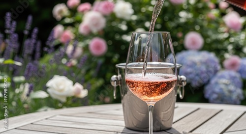 Wine being poured into glass on a table outdoors with garden in background