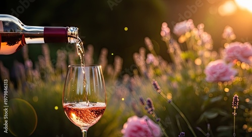 Wine pouring into glass with background of flowers and sunlight