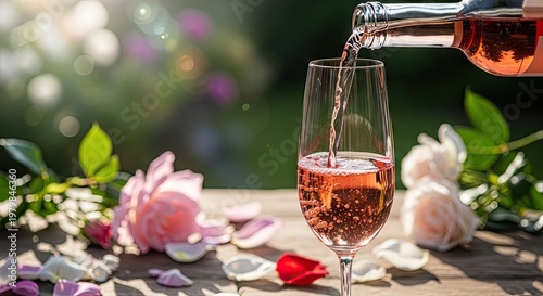 Wine pouring into glass with floral elements and soft sunlight outdoors
