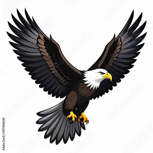Bald eagle soaring in flight against clear sky with wings spread wide