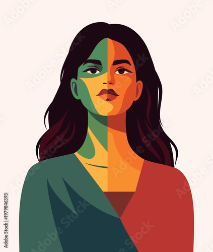 Vector abstract portrait poster of a confident woman in a bright color palette. Symbol of feminism, diversity, movement for rights, freedom, gender equality, women's empowerment, Women's Day, March 8