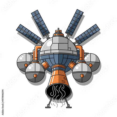 Futuristic Space Station with Solar Panels and Rocket Engine