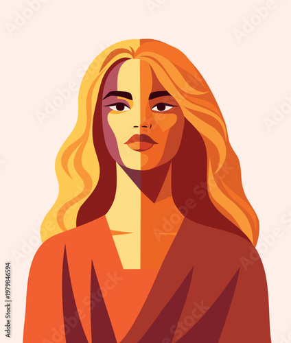 Vector abstract poster-portrait of a confident blonde woman in a bright color palette. A symbol of feminism, diversity, rights, freedom, gender equality, women's empowerment, Women's Day, March 8