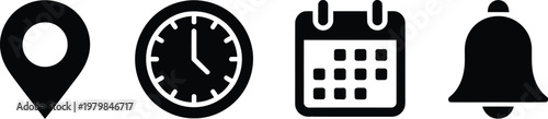 location time calendar and notification bell icons set flat simple illustrations featuring pin date clock and alert symbols for UI design