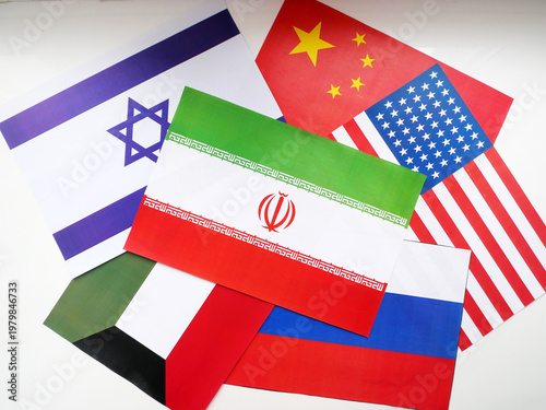 Iran, Russia, China, Israel, USA, Kuwait flags on white background. Mockup. Geopolitical Conflict and Diplomacy Concept