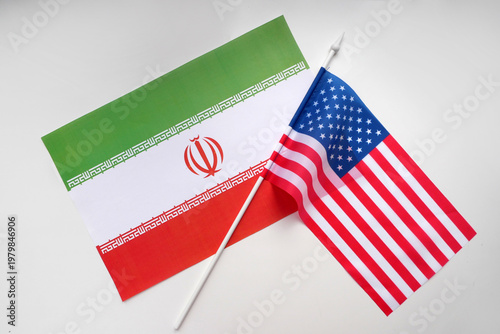 Iran, USA flags on white background. Mockup. Geopolitical Conflict and Diplomacy Concept