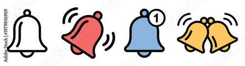 Notification bell icon set, colorful ringing bell symbols with message count badges and golden bell pair icons, alert and reminder graphics, simple modern vector design for digital interfaces.