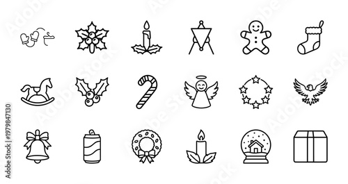 Christmas holiday outline icon set with winter celebration symbols