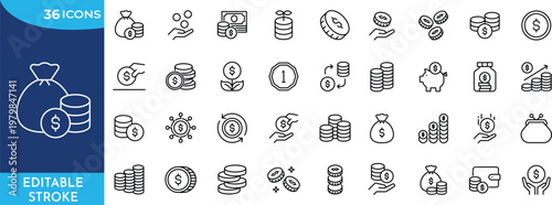 Coins 36 icon set. Contain icons related to Coins, money, and more. Editable stroke.