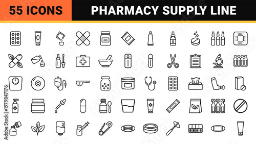 Medical dosage forms and pharmacy line icon set