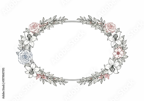 Elegant floral oval frame doodle vector illustration with delicate roses and lilies in pastel colors, perfect for invitations and decorative accents