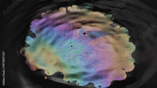 Iridescent Liquid Rainbow Puddle with Ripples on Black Background - Abstract Fluid Art with Colorful Oil Slick Patterns
