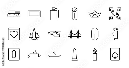 Military defense and tactical equipment outline icons in thin line style