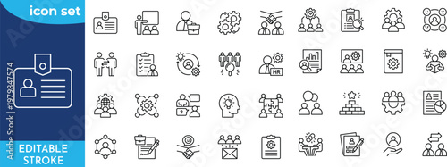 onboarding 36 icon set. Contain icons related to Employee, Human Resources, welcome, training, learn, orient, team, process, support, Company, and more. Editable stroke.