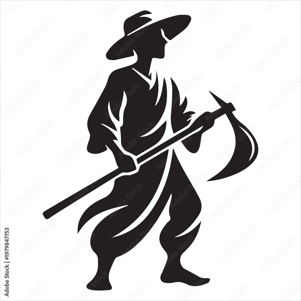 Fototapeta premium black silhouette farmer holding traditional hoe on farmland