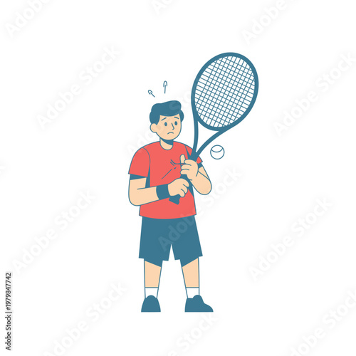 Worried Tennis Player Holding Racket with Ball, Isolated on White Background