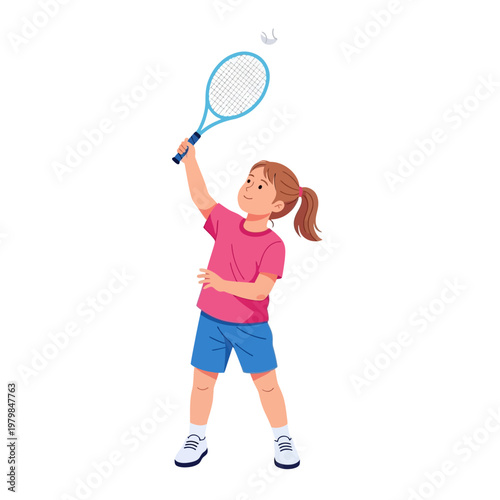 Young girl playing badminton, hitting shuttlecock with racket, active lifestyle, sports concept