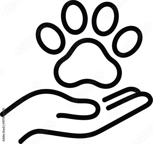 minimalist line art vector icon showing hand holding paw print symbolizing pet adoption pet care protection and animal support in black white