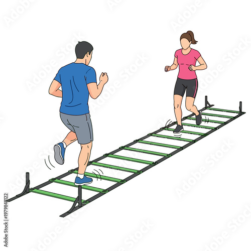 Athletic Training: Two People Doing Agility Ladder Drills for Fitness