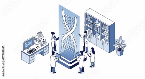 Isometric Illustration of Scientists Researching DNA Genetics and Biotechnology in a Modern Laboratory Environment