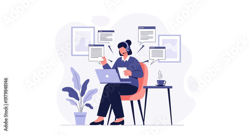 An agent customer service representative works on a laptop at home office.