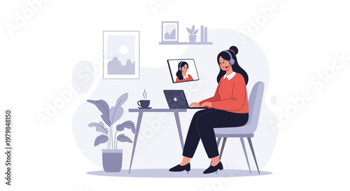 Agent provides customer service from home office with laptop and plant