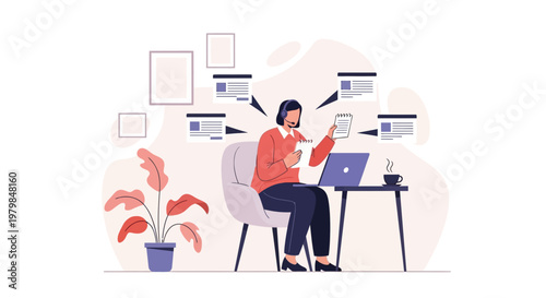 Agent customer service representative works on laptop at desk with office supplies