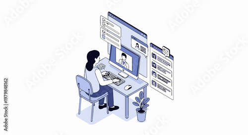 Isometric Illustration of a Woman Working Remotely, Video Conferencing, and Managing Online Digital Communications at a Home Office Desk
