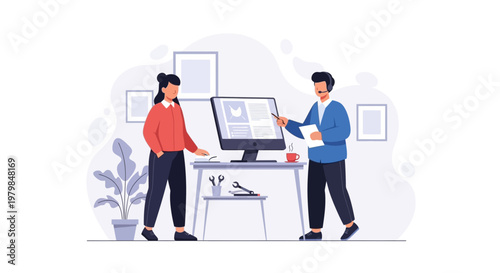 Agent provides customer service at office desk with computer and documents