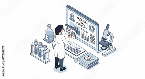 Isometric Illustration of Scientist Analyzing Vaccine Trial Data in a Modern Medical Laboratory