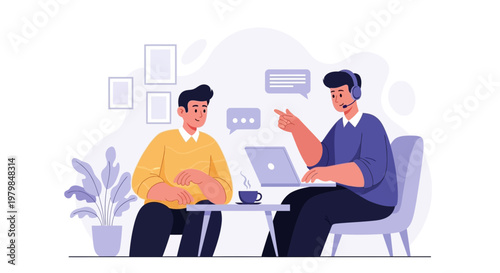 Agent customer service representative assisting client with laptop at office desk