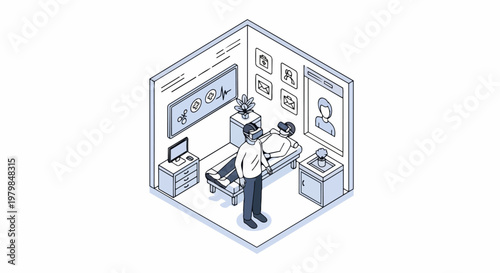 Isometric Illustration of Virtual Reality Healthcare Clinic with Doctor and Patient wearing VR Headsets for Remote Telemedicine and Digital Health Diagnosis