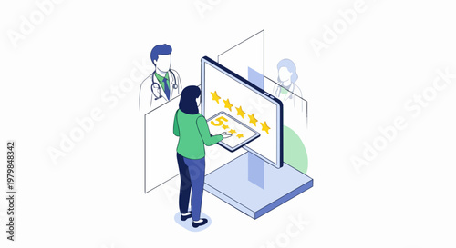 Patient Giving Five Star Rating to Doctors on Digital Tablet Isometric Illustration