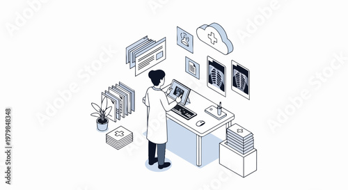 Female Doctor Reviewing Digital Medical Records and Chest X-rays, Isometric Medical Technology Illustration of Healthcare Data and Radiology Analysis