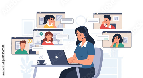 An agent providing customer service to clients via video calls on her laptop.