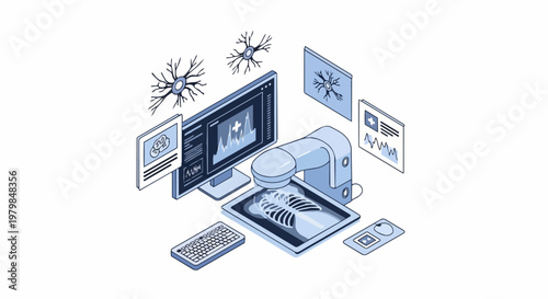 Isometric Medical Diagnostic Technology Concept with X-ray Scanner and Digital Monitoring